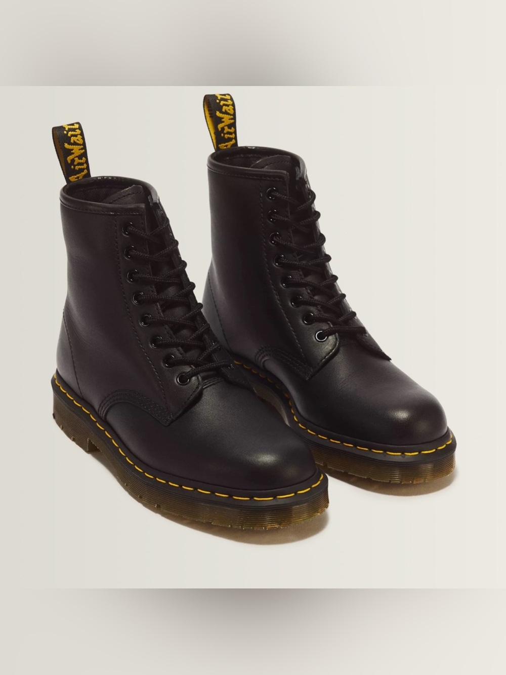 Dr. Martens Black Leather 8-Eye Lace-Up Boots with Yellow Stitching